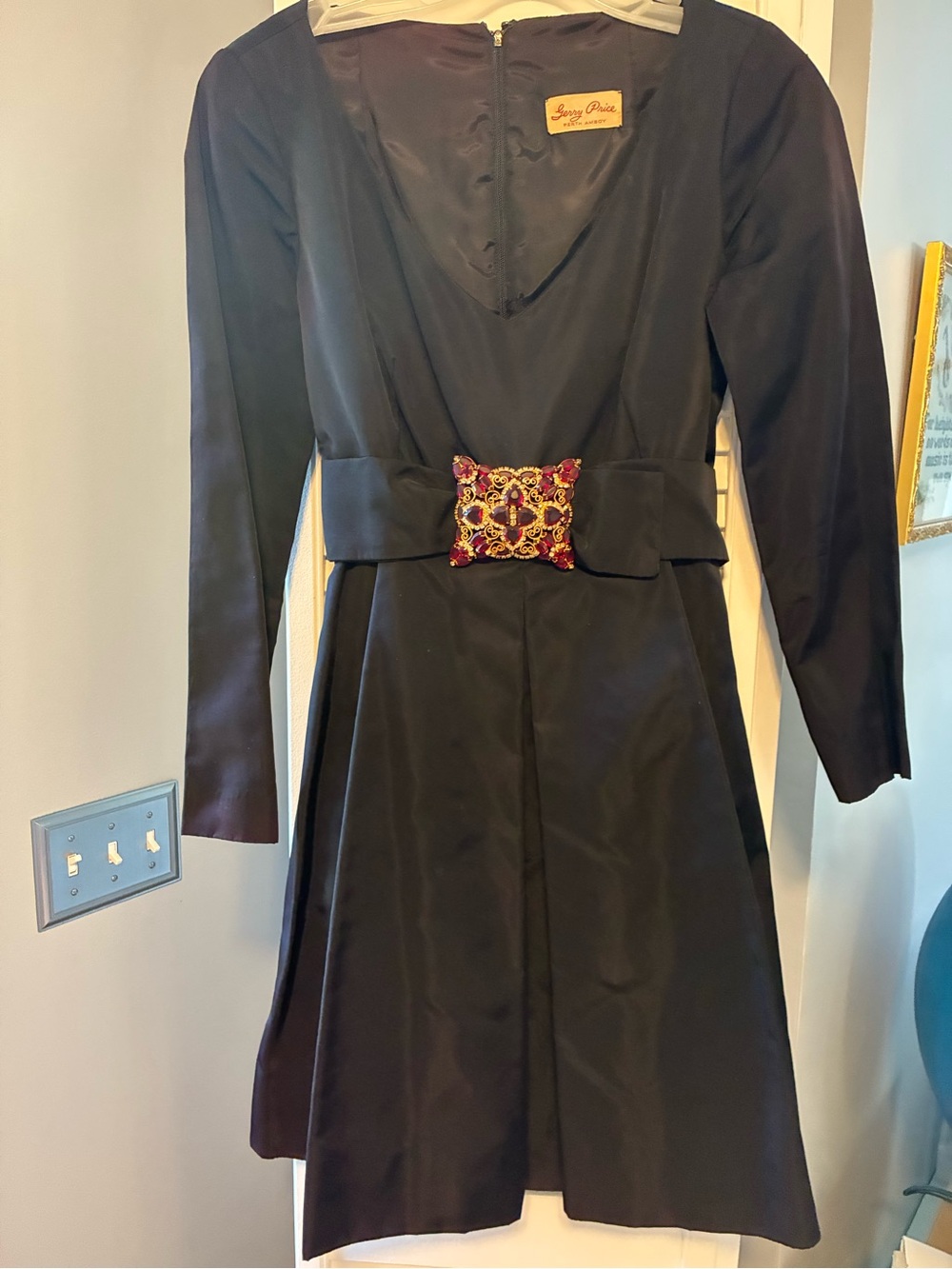 Black Long-Sleeve A-Line Vintage Gerry Price Dress with Embellished Belt